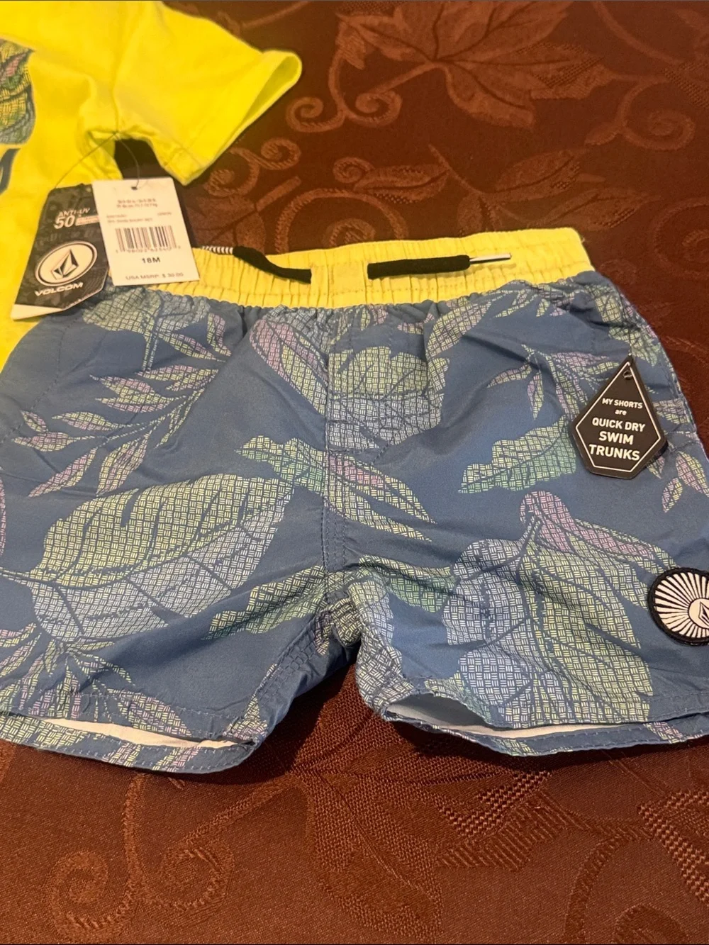 Volcom Boys Neon Lime Tee with Blue Leaf Swim Shorts